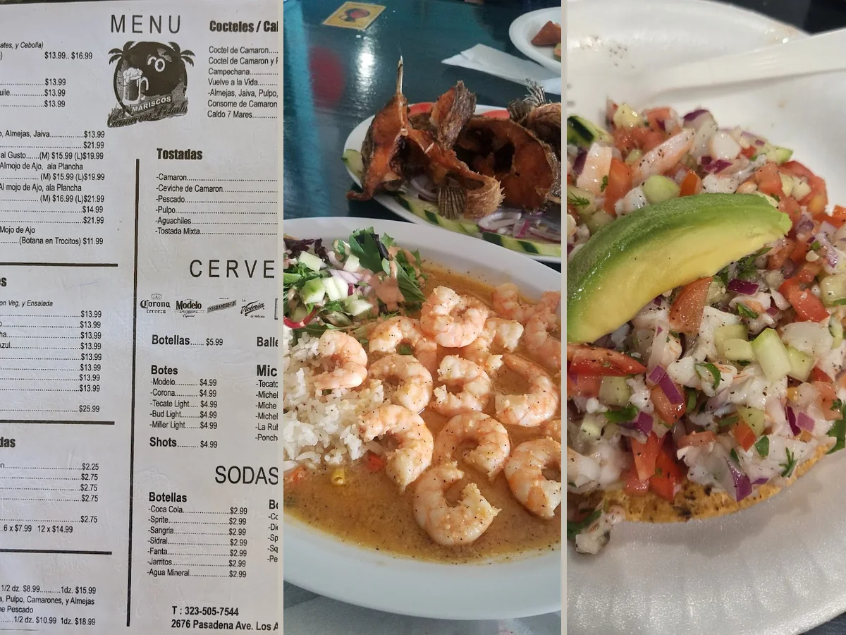 Seafood plates on a simple restaurant table.